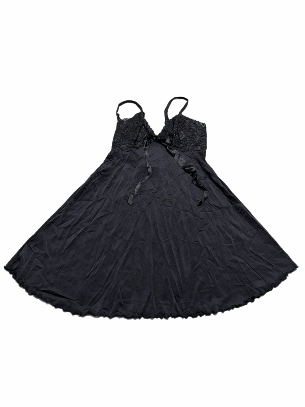 90s European Vintage Satin Mini Slip Dress Lace Bust w Bow Detail (Black) Size M